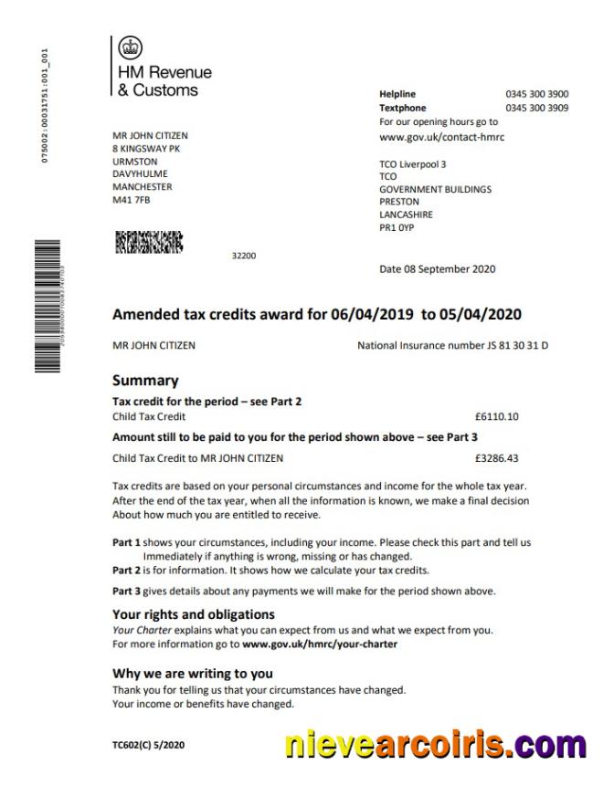 United Kingdom HM Revenue & Customs tax credits award statement in Word and PDF format (.doc and .pdf)